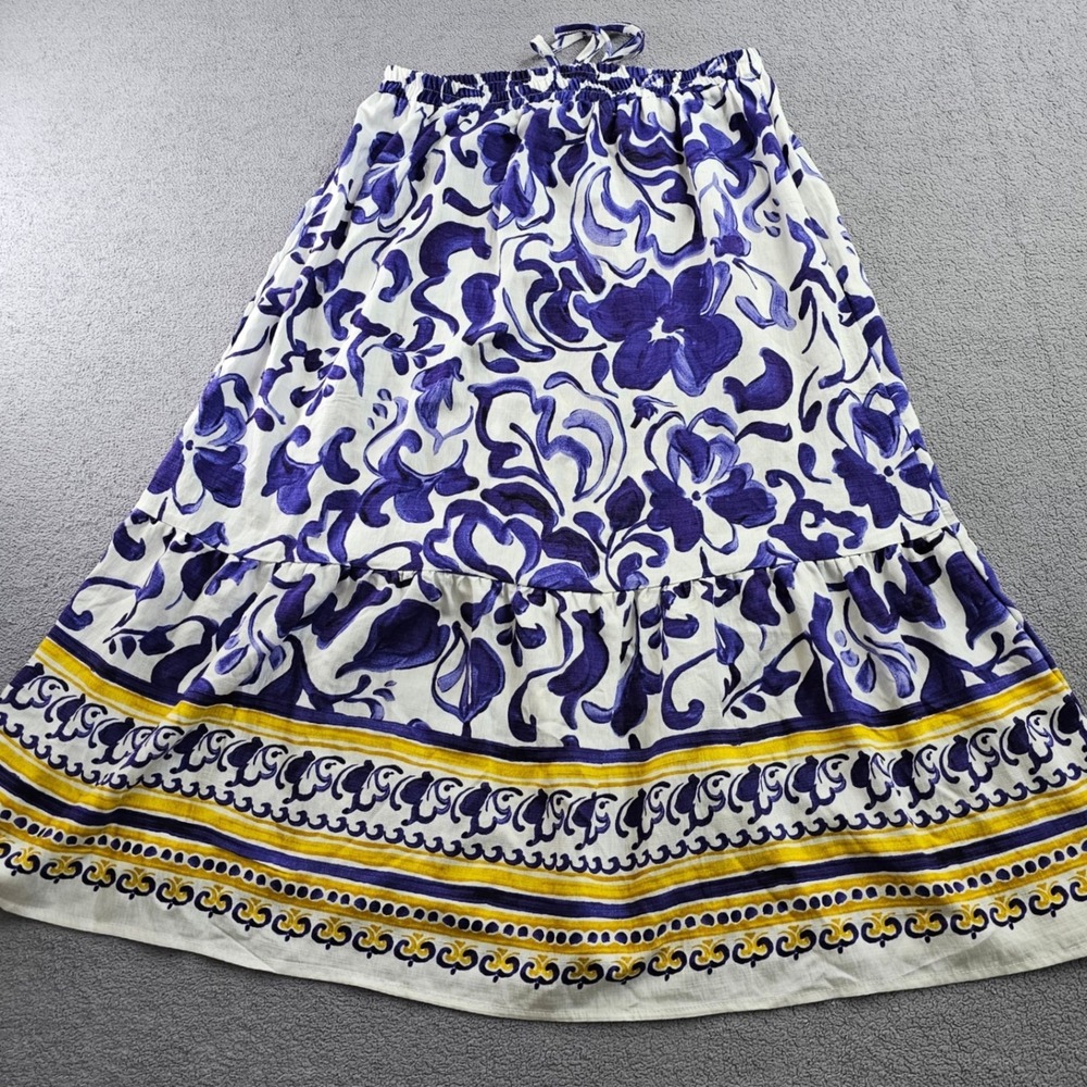 Mlle Gabrielle Tiered Broomstick Maxi Skirt Women M White Blue Floral Drawstring - Picture 2 of 10